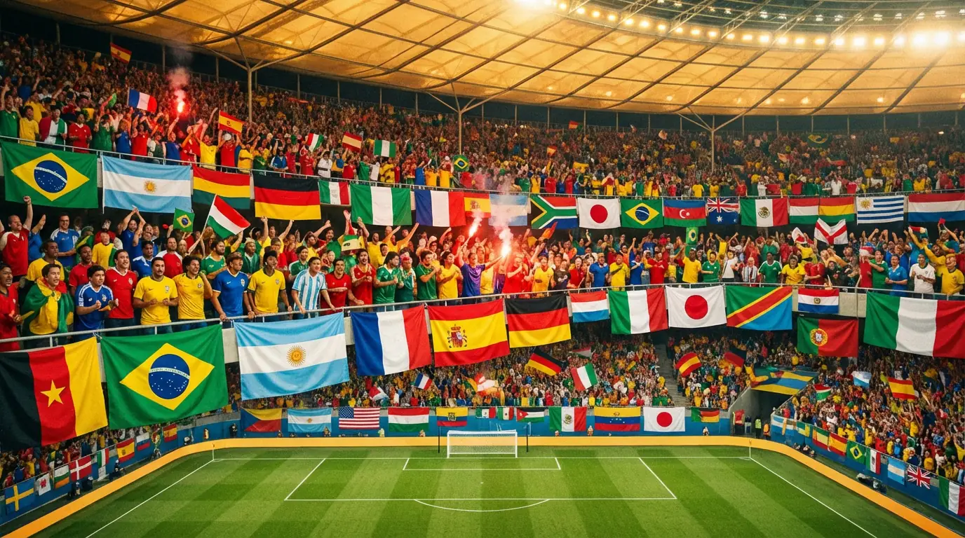 Bandiere nazionali di diverse squadre esposte nella tribuna di uno stadio di calcio prima del fischio d'inizio