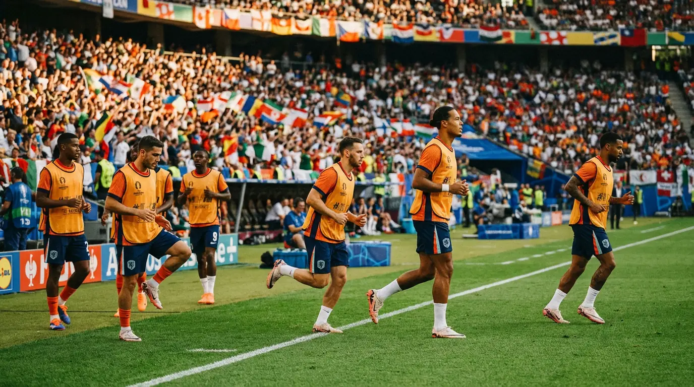Giocatori di una nazionale che si riscaldano sul campo prima di una partita del Mondiale con il pubblico sullo sfondo