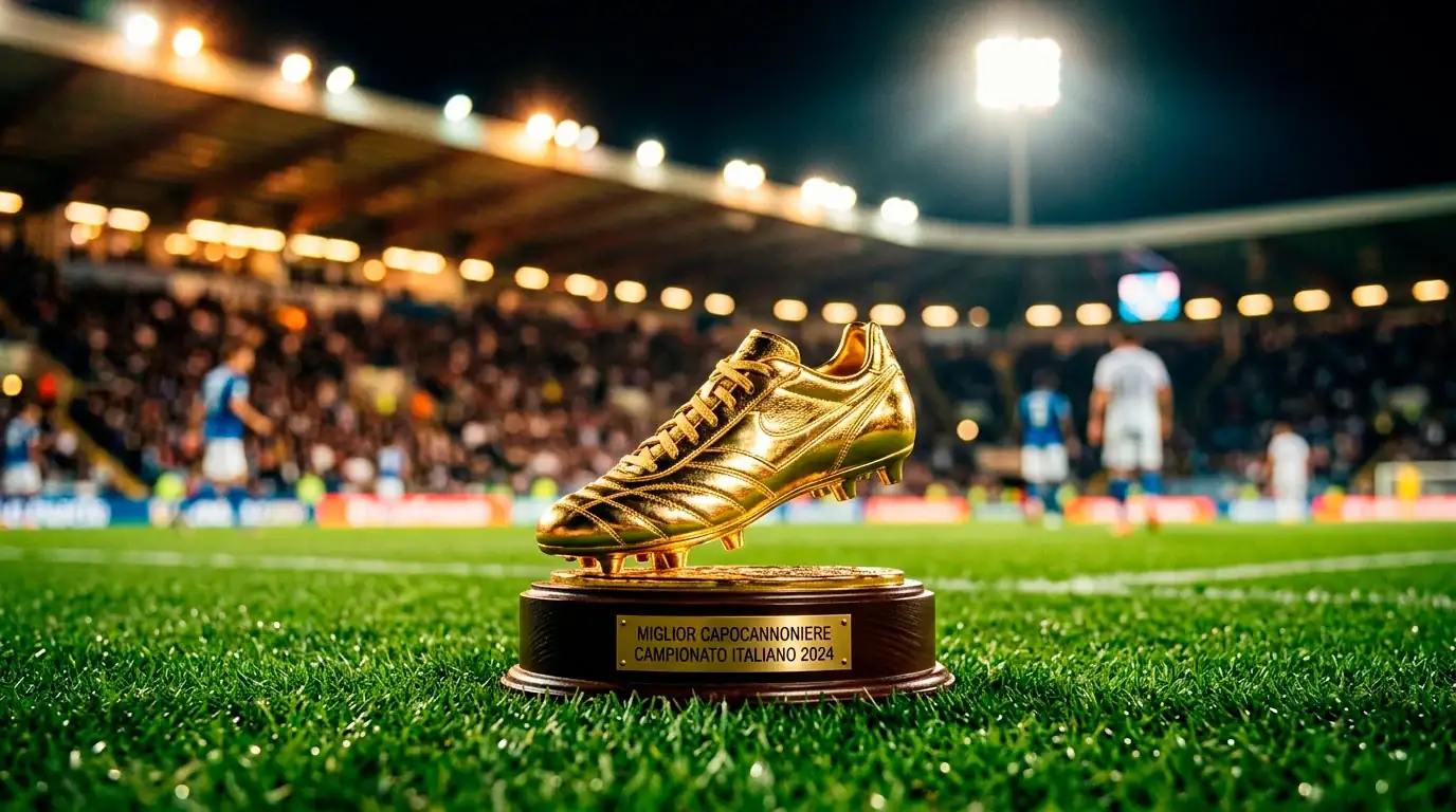 Scarpa d'oro del capocannoniere su un prato illuminato dai riflettori dello stadio
