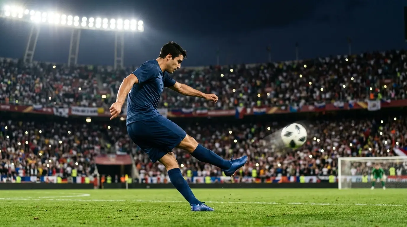 Calciatore in maglia scura calcia verso la porta in una partita serale del Mondiale 2026