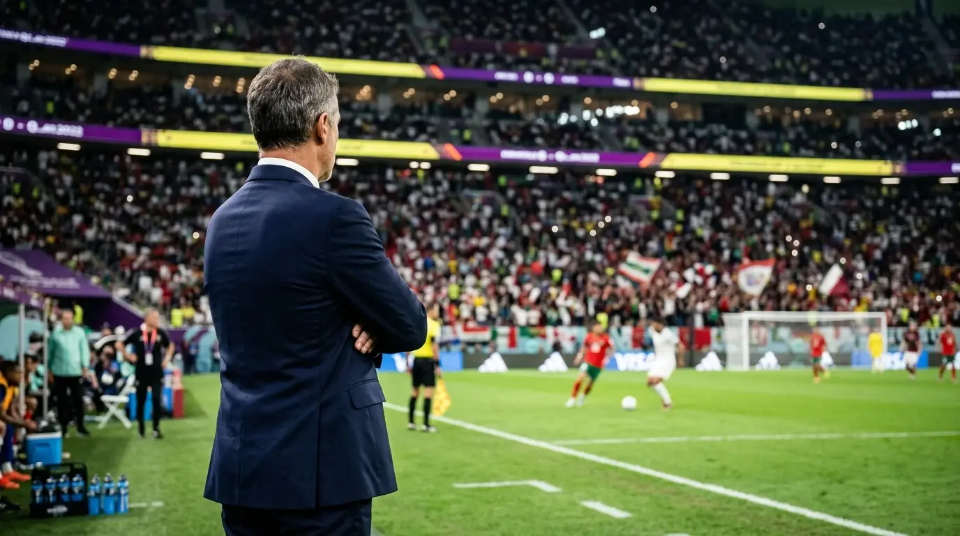 Allenatore in giacca a bordo campo osserva la partita in uno stadio gremito durante il Mondiale 2026