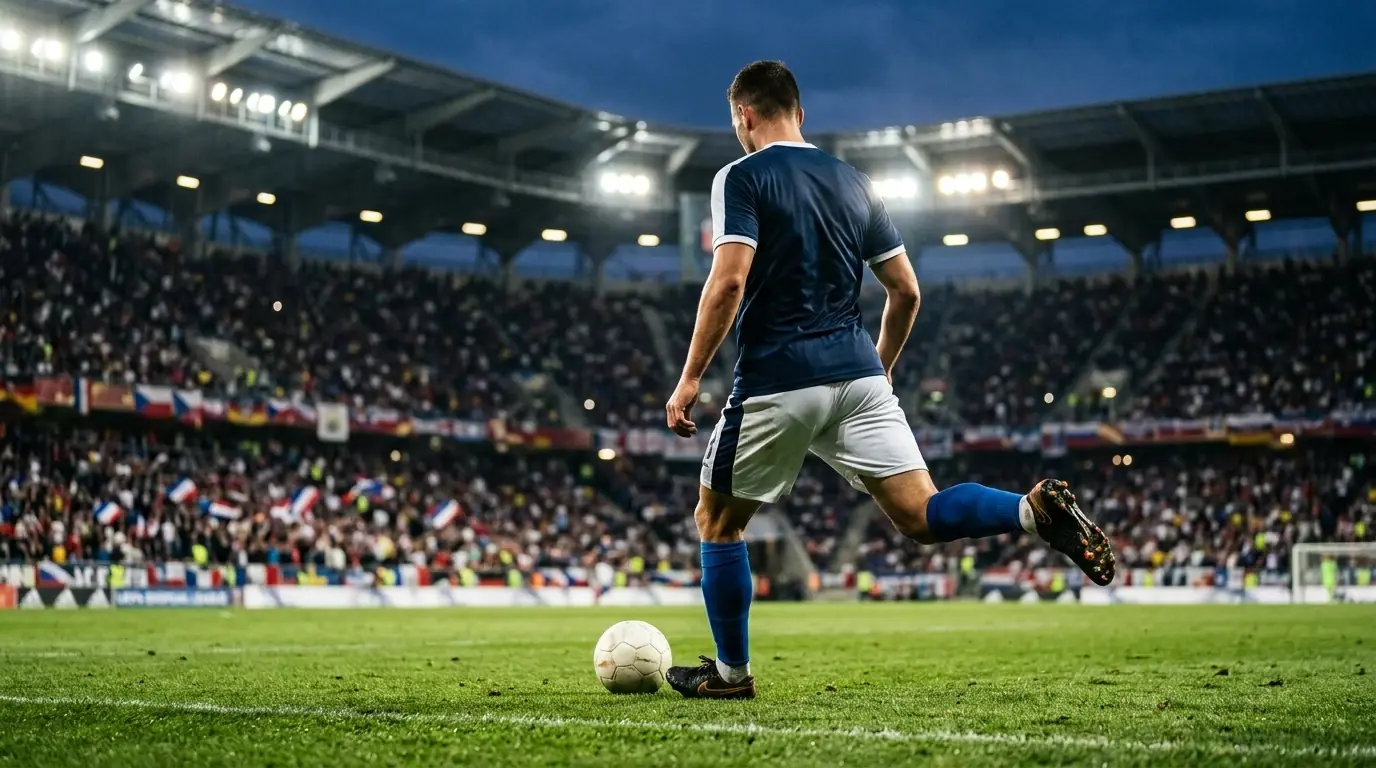 Calciatore che calcia una punizione in uno stadio illuminato durante una partita serale del Mondiale 2026
