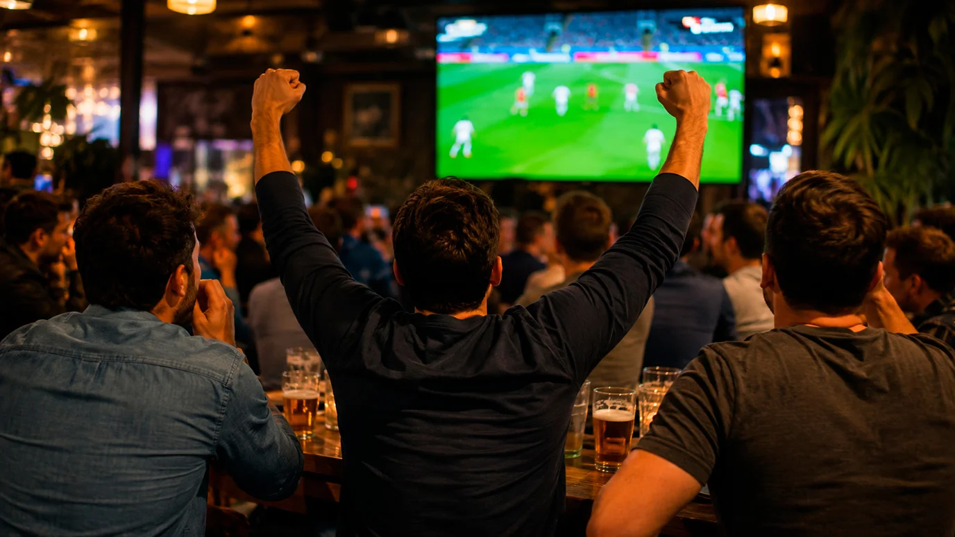 Tifosi che seguono una partita notturna del Mondiale 2026 su un grande schermo in un bar