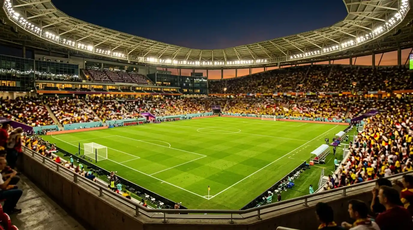 Stadio di calcio illuminato di sera durante una partita a eliminazione diretta del Mondiale 2026