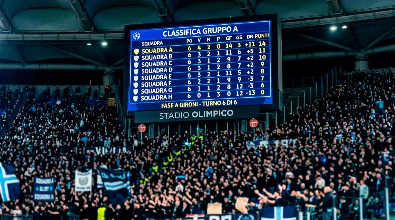 Tabellone di uno stadio che mostra una classifica di girone generica durante il Mondiale 2026