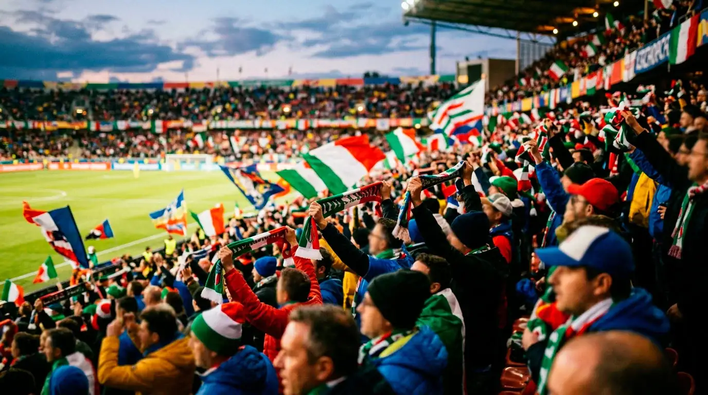 Tifosi con sciarpe e bandiere sugli spalti di uno stadio durante il Mondiale 2026