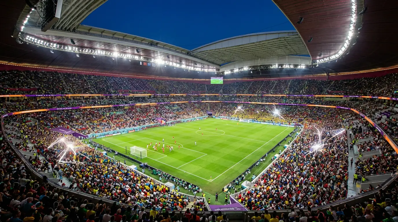 Veduta panoramica di uno stadio gremito durante una partita del Mondiale di calcio con bandiere di diverse nazioni sugli spalti