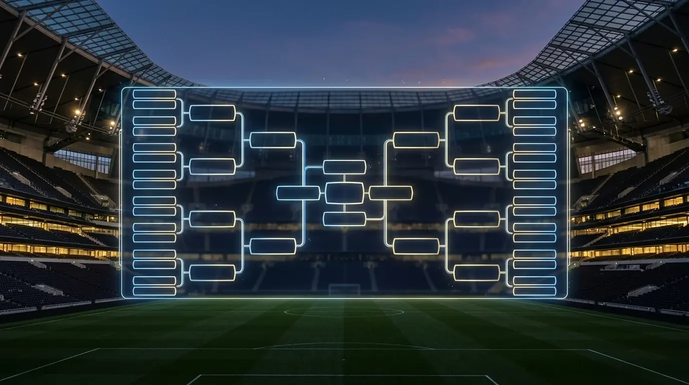 Tabellone stilizzato di un torneo di calcio a eliminazione diretta con uno stadio sullo sfondo, Mondiale 2026