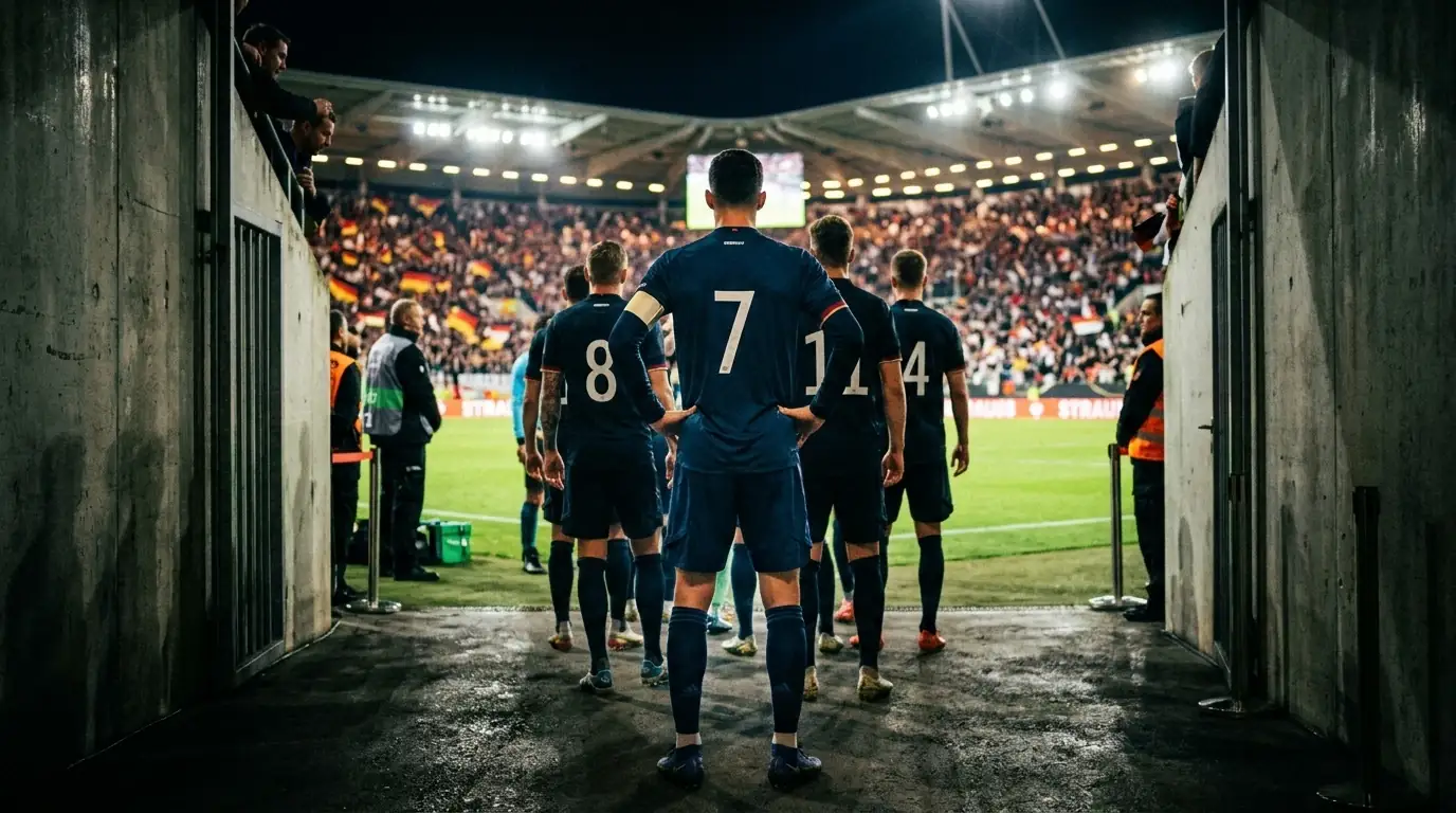 Calciatori che si preparano a entrare in campo in uno stadio gremito durante il Mondiale 2026