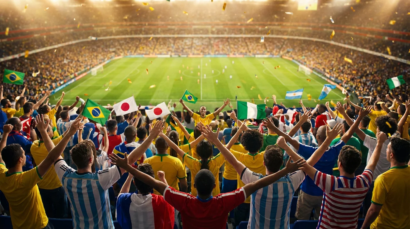 Tifosi con maglie di diverse nazionali che esultano sugli spalti di uno stadio durante il Mondiale
